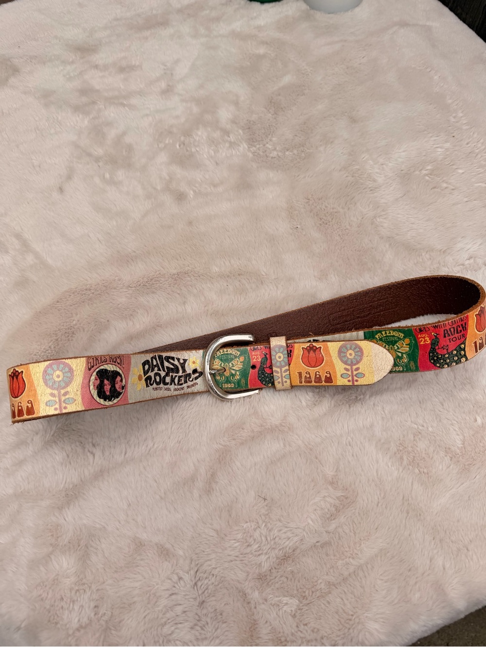 Fossil Multicolor Graphic Belt with Cream Base and Brown Backing Size 37